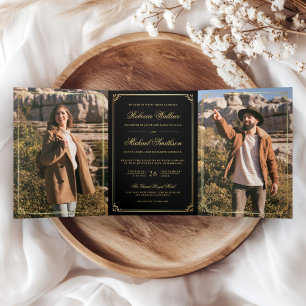 Minimalist Photo Black Gold QR Code Wedding Tri-Fold Invitation