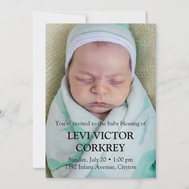 Minimalist Photo + Black Text Baby Blessing Invitation (Front)