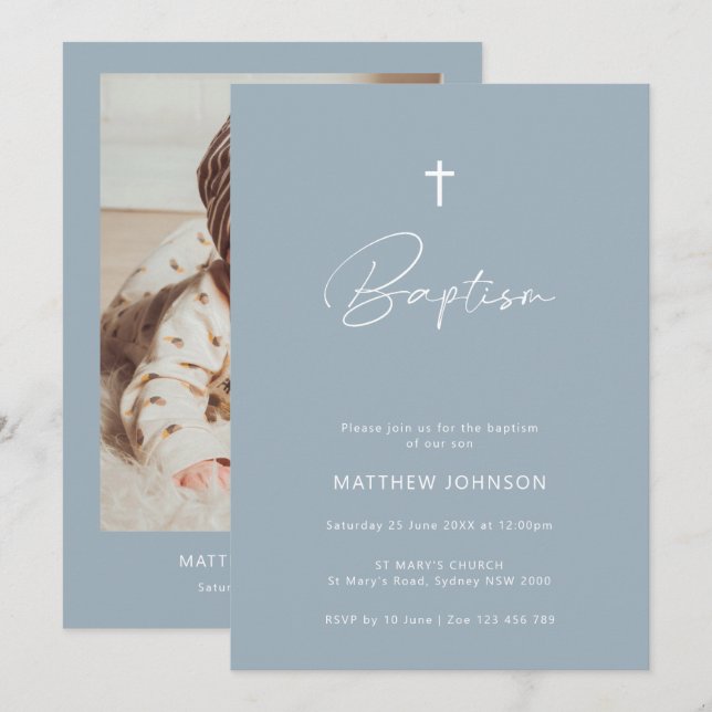 Minimalist photo blue baptism christening invitation (Front/Back)