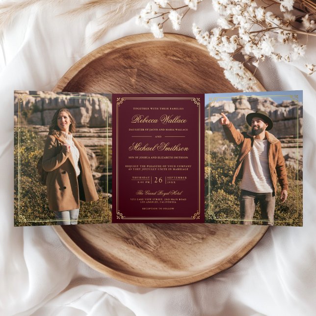 Minimalist Photo Burgundy Gold QR Code Wedding Tri-Fold Invitation (Creator Uploaded)