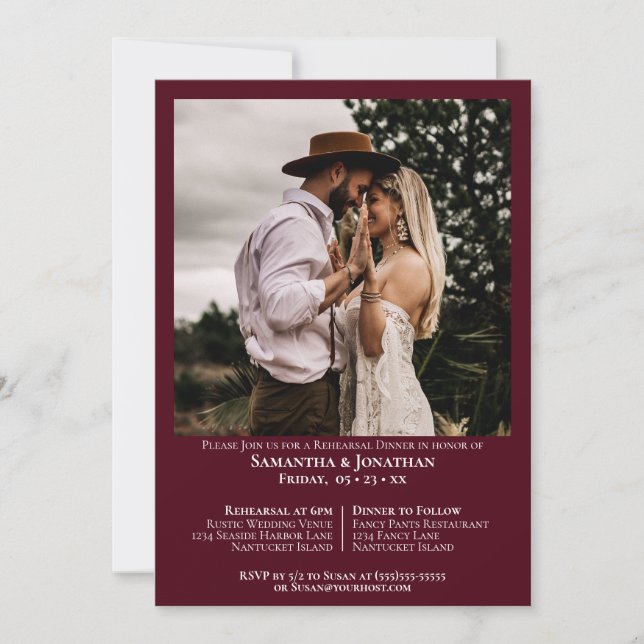 Minimalist Photo Burgundy Wedding Rehearsal Dinner Invitation (Front)