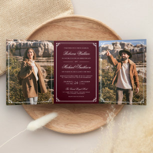 Minimalist Photo Burgundy White QR Code Wedding Tri-Fold Invitation
