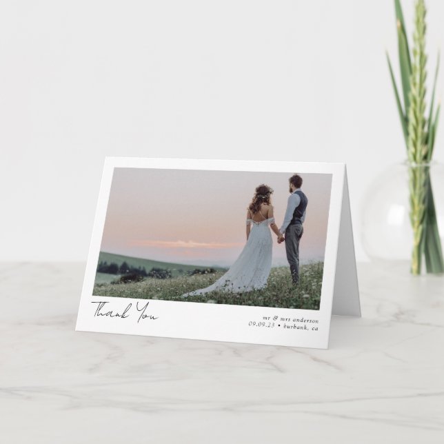 Minimalist Photo Calligraphy Wedding Folded Thank You Card (Front)
