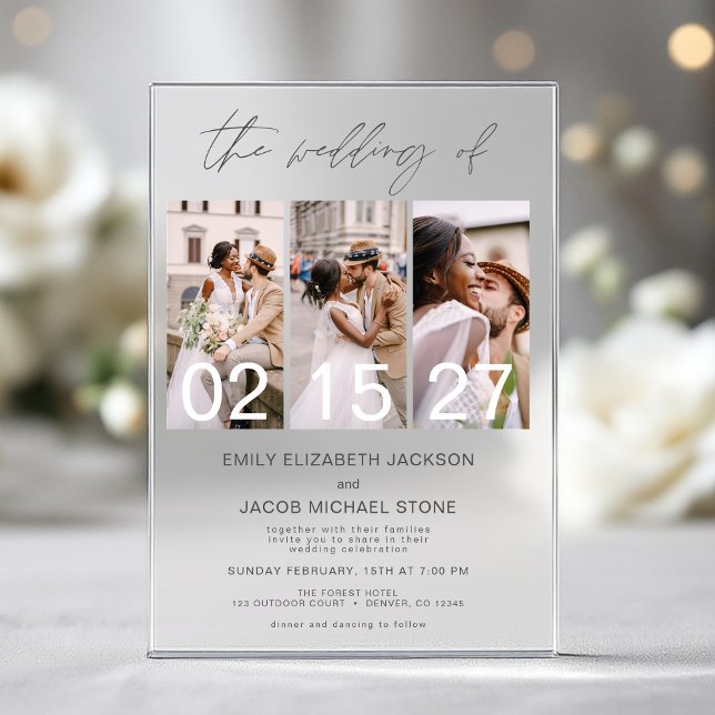 Minimalist Photo Charcoal Grey Wedding 3 Photo Acrylic Invitations (Creator Uploaded)