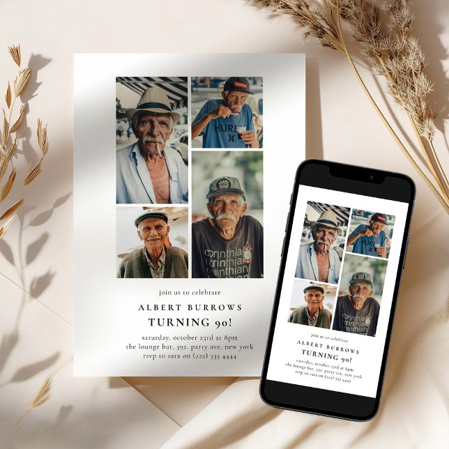 Minimalist Photo Collage 90th Birthday Invitation (Creator Uploaded)