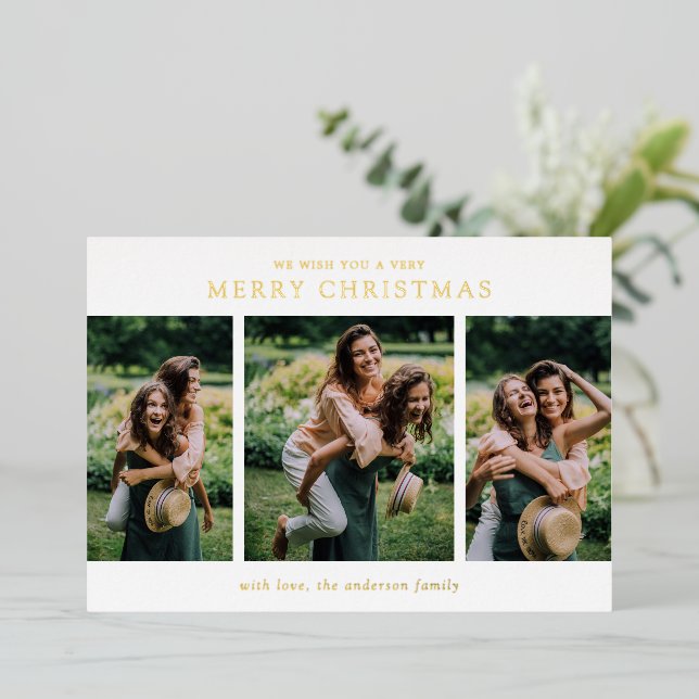 Minimalist Photo Collage Modern Christmas Foil Holiday Card (Standing Front)