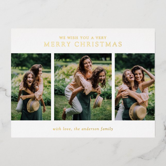 Minimalist Photo Collage Modern Christmas Foil Holiday Postcard (Front)