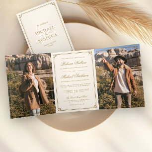 Minimalist Photo Cream Gold QR Code Wedding Tri-Fold Invitation
