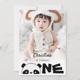 Minimalist Photo Cute Panda First Birthday Party Invitation
