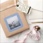 Minimalist Photo Dusty Blue Love & Thanks Wedding Square Sticker<br><div class="desc">These stickers are perfect for wedding thank you gifts or favours, or as an addition to your invitation mailing. They feature a simple minimalist design with your square photo on a periwinkle blue background. The left justified caption atop the photo reads "Love and Thanks", while the couple's names below are...</div>