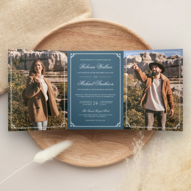 Minimalist Photo Dusty Blue White QR Code Wedding Tri-Fold Invitation (Creator Uploaded)