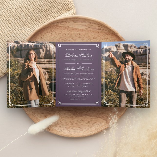 Minimalist Photo Dusty Purple QR Code Wedding Tri-Fold Invitation (Creator Uploaded)