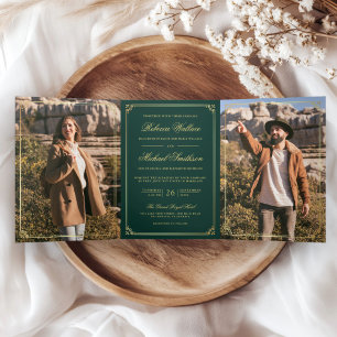 Minimalist Photo Emerald Gold QR Code Wedding Tri-Fold Invitation