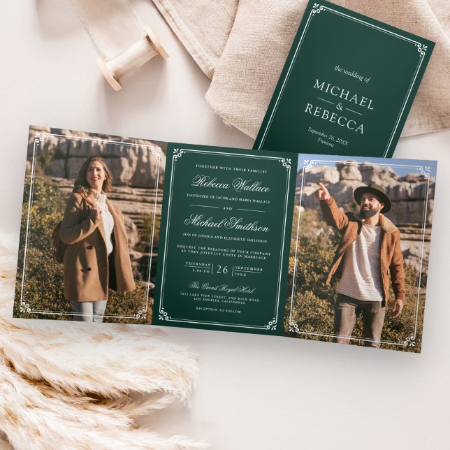 Minimalist Photo Emerald Green QR Code Wedding Tri-Fold Invitation (Creator Uploaded)