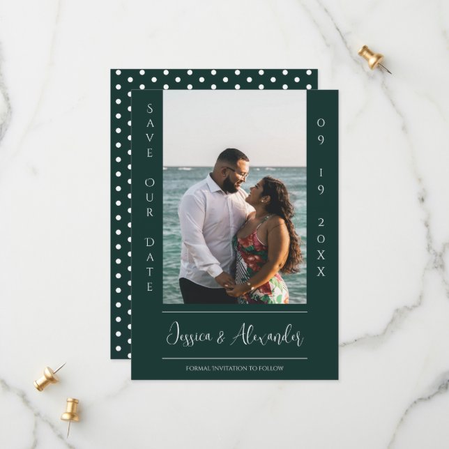 Minimalist Photo | Emerald Green Save The Date (Front/Back In Situ)