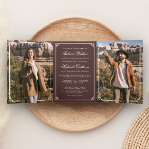 Minimalist Photo Espresso Brown QR Code Wedding Tri-Fold Invitation
