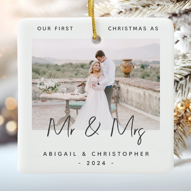 Minimalist Photo First Christmas as Mr & Mrs Grey Ceramic Ornament (Creator Uploaded)