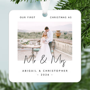 Minimalist Photo First Christmas as Mr & Mrs Grey Metal Tree Decoration