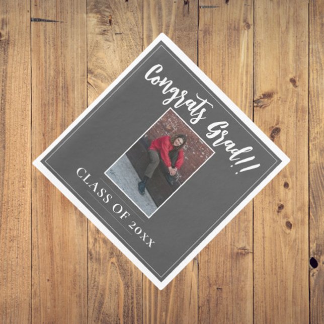 Minimalist Photo Graduation | Grey Napkin (Gray Minimalist Photo Graduation Party Napkins)