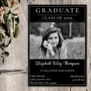 Minimalist Photo Graduation Open House Black Invitation