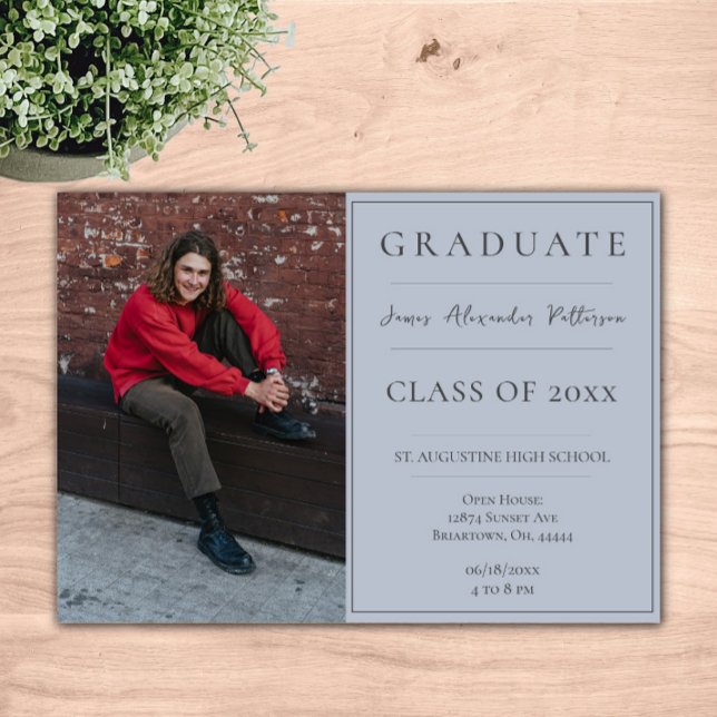 Minimalist Photo Graduation Open House |  Blue Invitation (Blue Minimalist Photo Graduation Open House Invitation)