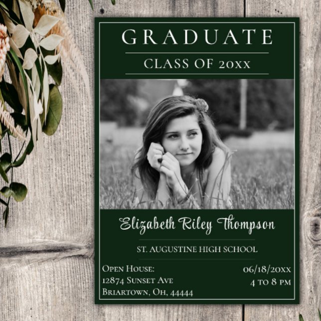 Minimalist Photo Graduation Open House | Green Invitation (Green Minimalist Photo Graduation Open House Invitation)