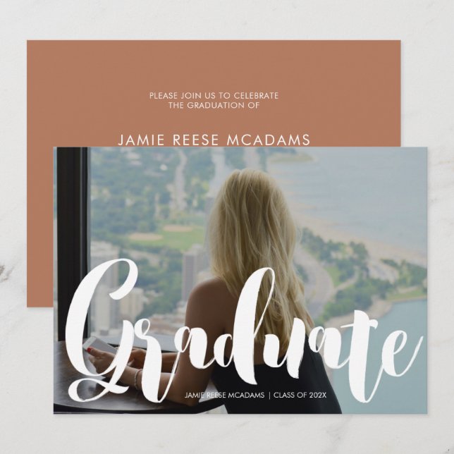Minimalist Photo Graduation Party Orange Announcem Announcement (Front/Back)
