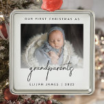 Minimalist Photo Grandparents 1st Christmas Gray Metal Tree Decoration<br><div class="desc">Help them celebrate the arrival of their first grandchild with this modern minimalist photo keepsake ornament. The charcoal gray text reads "Our first Christmas as grandparents, " with the word "grandparents" in trendy handwriting script. Easily replace the sample image with your favorite photo of the new baby, and add his...</div>