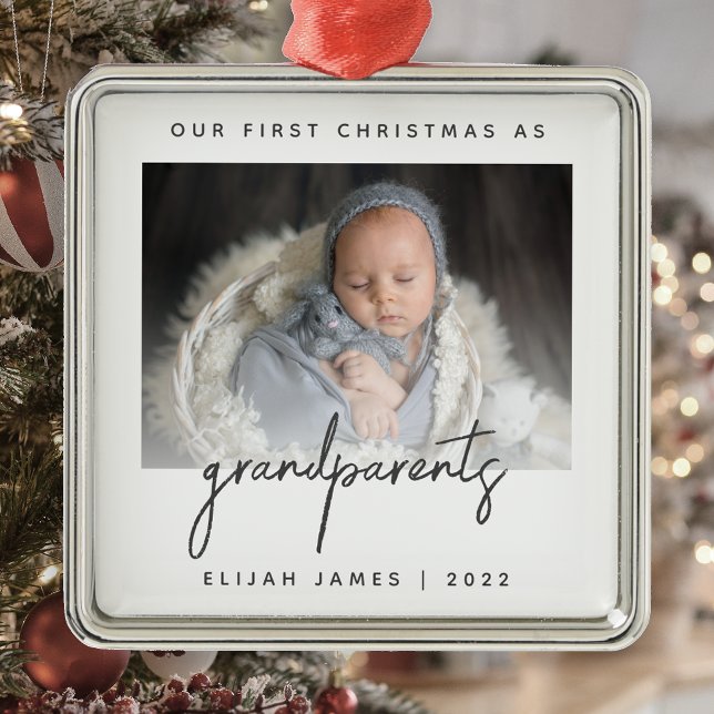 Minimalist Photo Grandparents 1st Christmas Gray Metal Tree Decoration (Creator Uploaded)