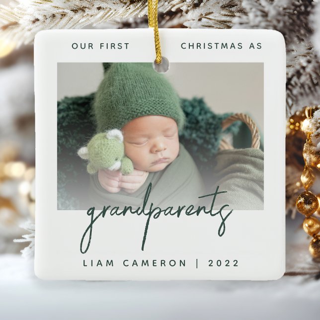 Minimalist Photo Grandparents 1st Christmas Green Ceramic Ornament (Creator Uploaded)