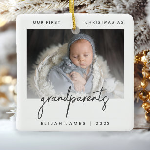 Minimalist Photo Grandparents 1st Christmas Grey Ceramic Ornament