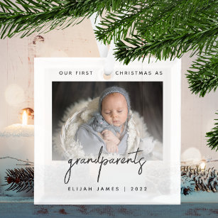 Minimalist Photo Grandparents 1st Christmas Grey Glass Tree Decoration
