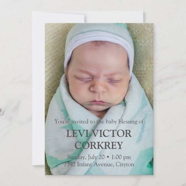 Minimalist Photo + Grey Text Baby Blessing Invitation (Front)