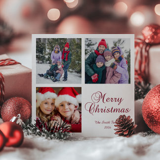 Minimalist Photo Grid  Burgundy Merry Christmas Holiday Card