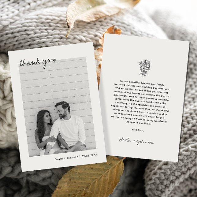 Minimalist Photo Hand Drawn Bouquet Wedding Thank You Card (Creator Uploaded)