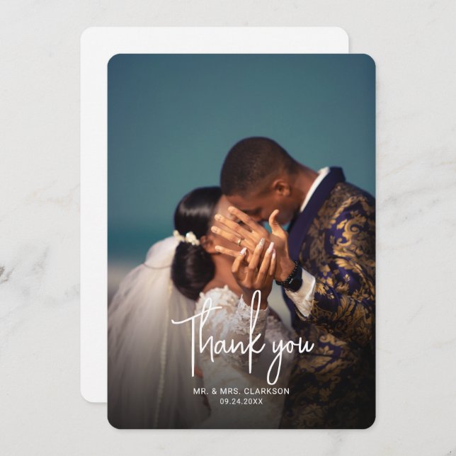 Minimalist Photo Handwriting Script Wedding Thank You Card (Front/Back)