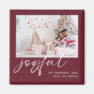 Minimalist Photo Joyful Script Christmas Burgundy Magnet