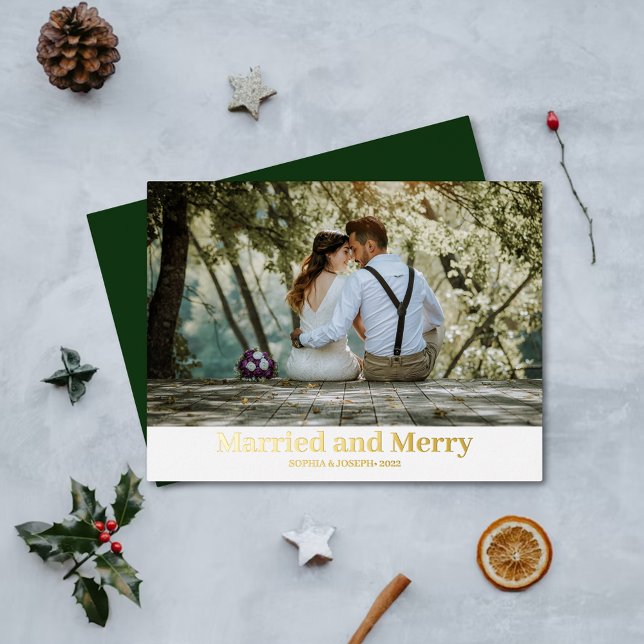 Minimalist Photo merry and married Newlywed Foil Holiday Card (Creator Uploaded)