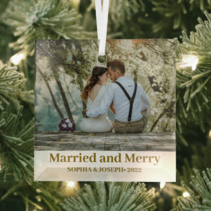 Minimalist Photo merry and married Newlywed Glass Tree Decoration