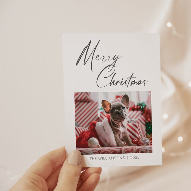Minimalist Photo Merry Christmas Script Pet Dog Holiday Card (Creator Uploaded)