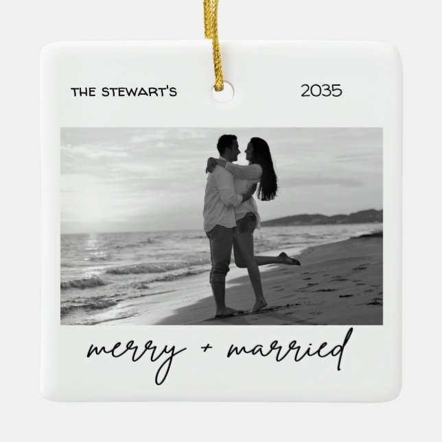Minimalist Photo Merry & Married Elegant Simple  Ceramic Ornament (Front)