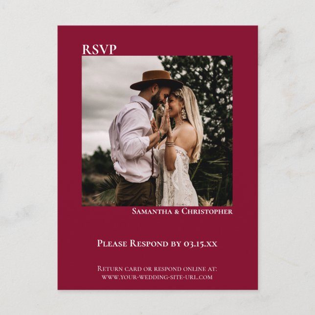 Minimalist Photo Modern Cranberry Red Wedding RSVP Postcard (Front)