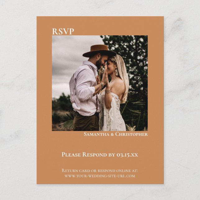 Minimalist Photo Modern Golden Tan Wedding RSVP Postcard (Front)