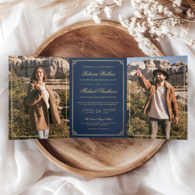 Minimalist Photo Navy Blue Gold QR Code Wedding Tri-Fold Invitation (Creator Uploaded)