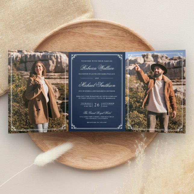 Minimalist Photo Navy Blue White QR Code Wedding Tri-Fold Invitation (Creator Uploaded)