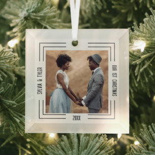 Minimalist Photo Newlyweds 1st Christmas Glass Tree Decoration
