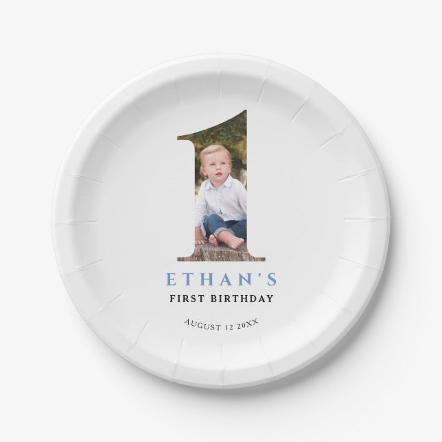 Minimalist Photo Number 1 Birthday Paper Plate (Front)