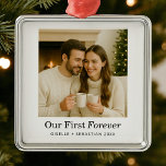 Minimalist Photo Our First Forever Christmas Metal Tree Decoration<br><div class="desc">Celebrate your first year together with this heartwarming keepsake featuring a joyful,  cosy photo and timeless personalisation. A perfect gift to remember the laughter,  love,  and quiet moments that make forever truly begin.</div>