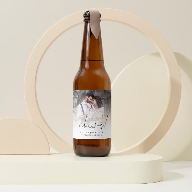Minimalist Photo Overlay Cheers Wedding  Beer Bottle Label (Creator Uploaded)