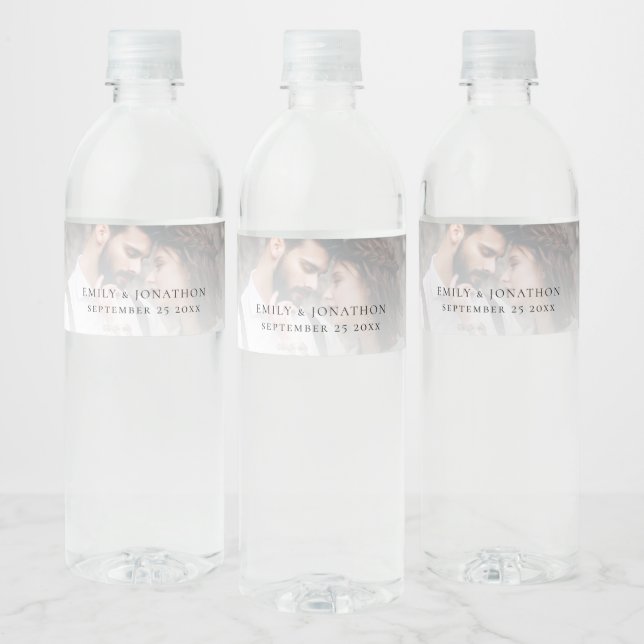 Minimalist Photo Overlay Names Date Wedding Water Bottle Label (Bottles)